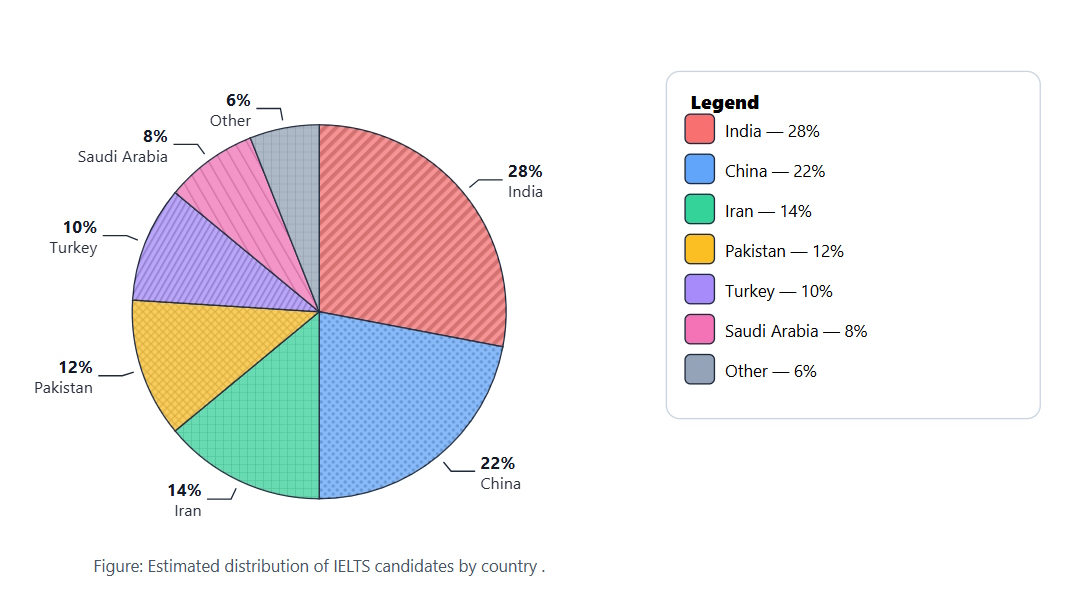 Pie chart showing IELTS candidates by country – India, China, Iran, Pakistan, Turkey, Saudi Arabia, Other